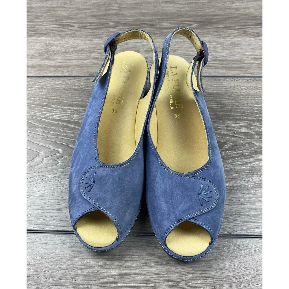La Plume Womens Leather‎ Peep Toe Slingback Wedge Sandals Blue Size 38 US 7